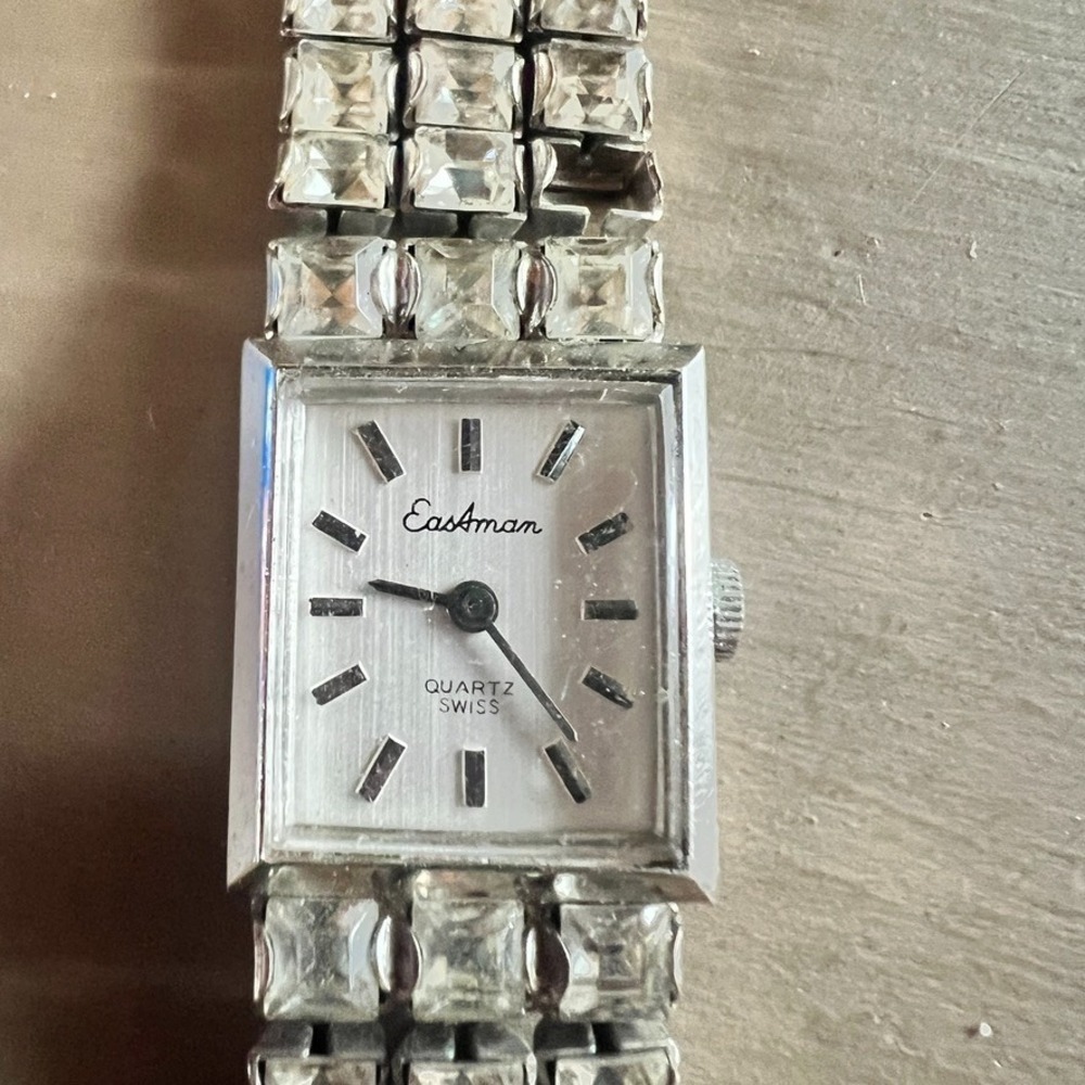 Vintage Eastmanโ Swiss Watch Silver Rhinestones Tennis Bracelet Style Art Deco